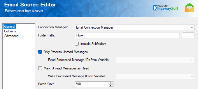Email Source component configured to read unread emails